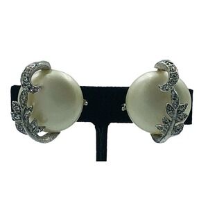 JUDY LEE Vintage Pearl Cabochon & Rhinestone Clip EARRINGS Silver Tone